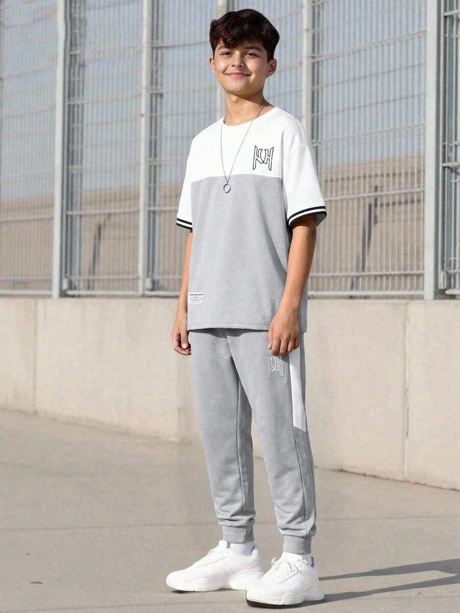 2pcs/Set Teenage Boys' Casual Contrast Color Patchwork Letter Print T-Shirt And Sports Pants Set