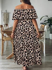 SHEIN VCAY Plus Size Women's Leopard Print Off Shoulder Ruffle Waist A-Line Maxi Dress With Side Slit, Tropical Romantic Casual Western Maxi Dress - Apricot - View 2