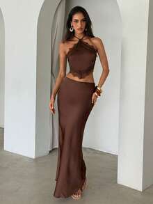 Aloruh Conjunto de 2 piezas con top halter sin espalda con ribete de encaje color café + falda, casual para vacaciones - Café integral - Ver 5