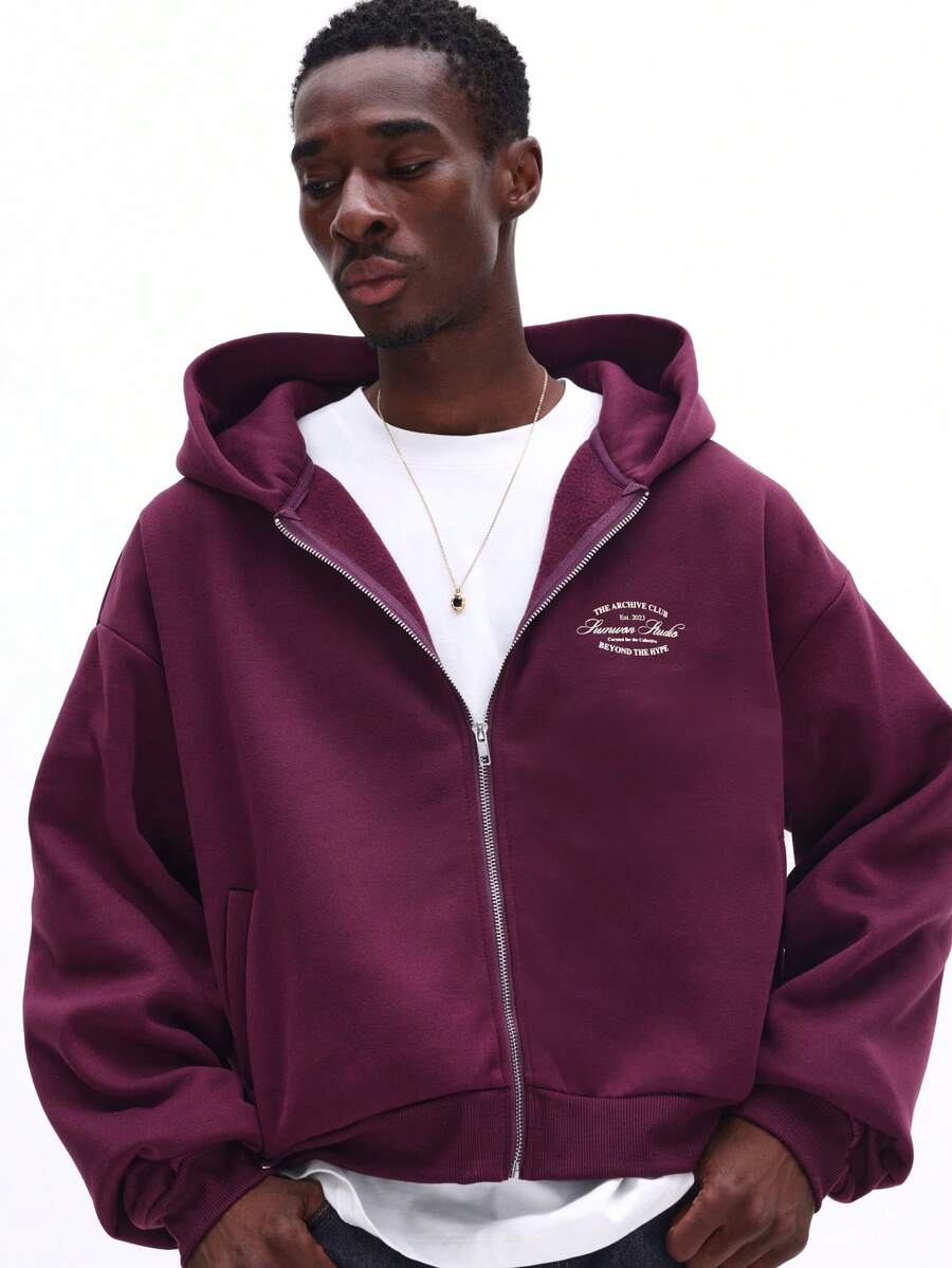 SUMWON 酒红色短款拉链连帽衫，饰有白色刺绣品牌标识，适合休闲街头风和叠穿。 - 中紫紅色 - 查看 1