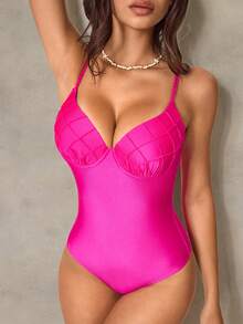 Shapewave 26SS Spring/Summer Vacation Beach Sexy Tummy Control Push-Up Fuchsia Mature Grid One-Piece Swimsuit - Hot Pink - View 3