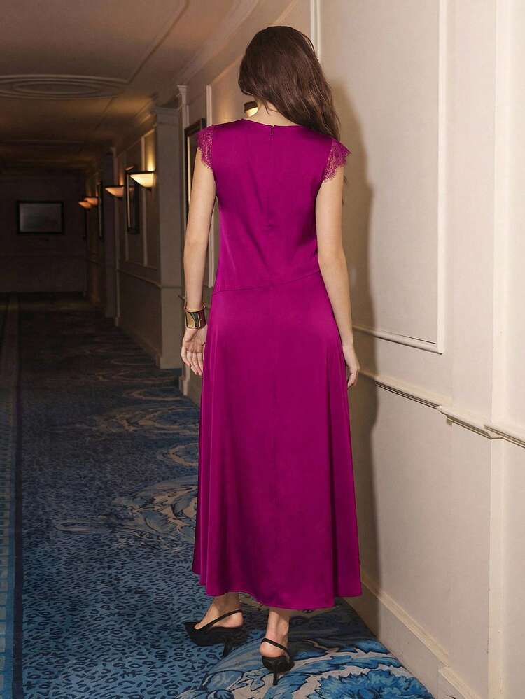 SHEIN Maija Women's Elegant Magenta Lace Patchwork Cap Sleeve Round Neck High Slit Dress,Autumn Dinner Party Date Night Outfits,Spring Break Holiday Dress