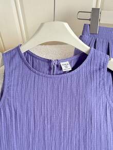 SHEIN Tween Girls 2pcs/Set Casual Solid Purple Textured Fabric Bow Back Camisole Top And Wide Leg Pants Set Girls Lavender Lilac Pants Sets Girl Girls Purple Set, Suitable For Vacation And Casual Daily Wear, Holiday Outfits - Purple - View 6