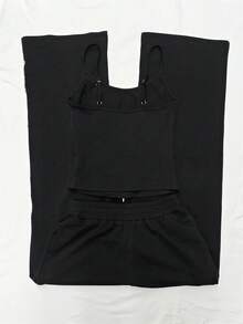 SHEIN Ensemble 2 pièces casual pour femmes, débardeur à fleurs pailleté et pantalon - Noir - Voir 2