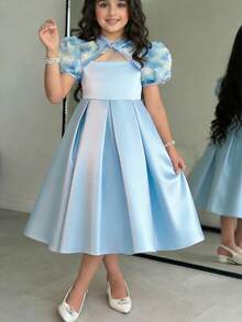 SHEIN 年轻女孩修身优雅镂空腰部A字连衣裙，配立领 - 藍色 - 查看 2