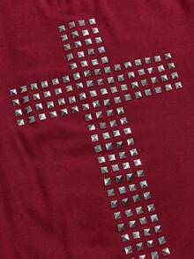 ROMWE Grunge Punk Plus Size Gothic Cross Rhinestone Embellished Black Long Sleeve T-Shirt, Women Plus Size Tops, Goth Casual Style Long Sleeve Top For Women, Autumn/Winter - Burgundy - View 3