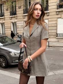 Pariaura 女士格子印花短袖休闲夏季连衣裙 - 卡其色 - 查看 1