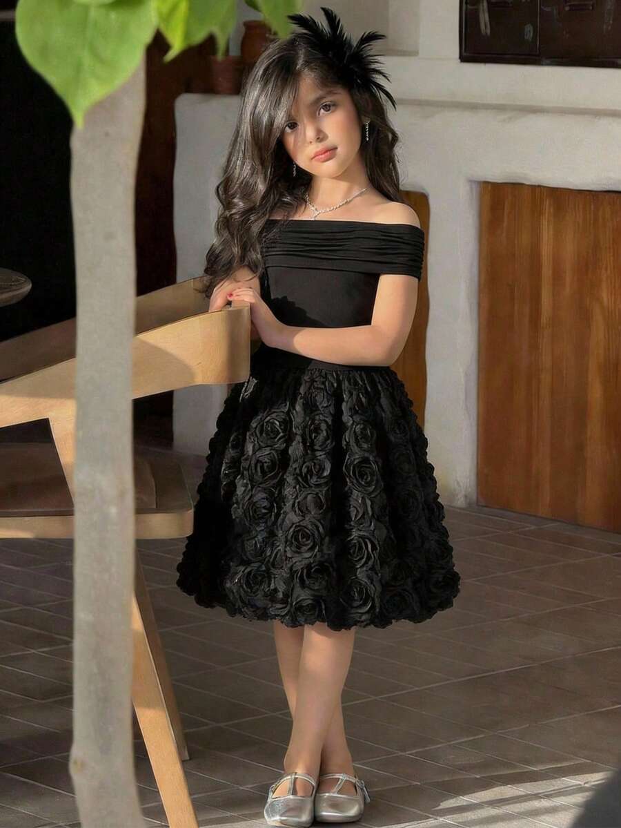 SHEIN Nova Glow 少女休闲纯色拼接露肩连衣裙 - 黑色 - 查看 1