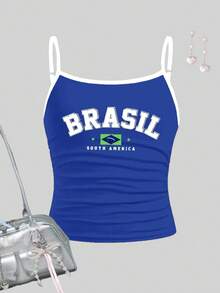 少女修身休闲运动吊带背心，撞色滚边，巴西城市字母图案，运动休闲服饰 - 彩色 - 查看 5