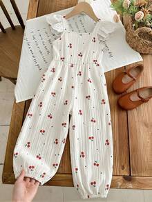 LMoss Kids Young Girl Cherry Print Ruffled Collar Jumpsuit - Multicolor - View 10
