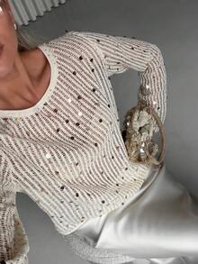 Livesso 女士休闲、假日、街头风闪亮亮片优雅新年、圣诞节、婚礼派对时尚镂空网纱薄款透明长袖露脐上衣，春夏秋季 - 米色 - 查看 2