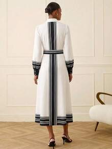 Lilora 女士休闲通勤撞色条纹印花长袖系带衬衫裙，春秋季 - 白色 - 查看 3