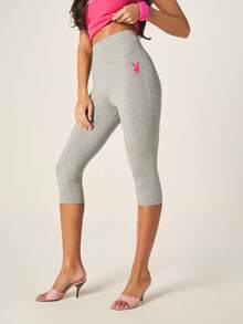 Missguided x Playboy High Rise Capri Leggings With Bunny Logo Print Cropped Activewear Bottoms For Everyday Comfort Casual Style - Grey - View 1