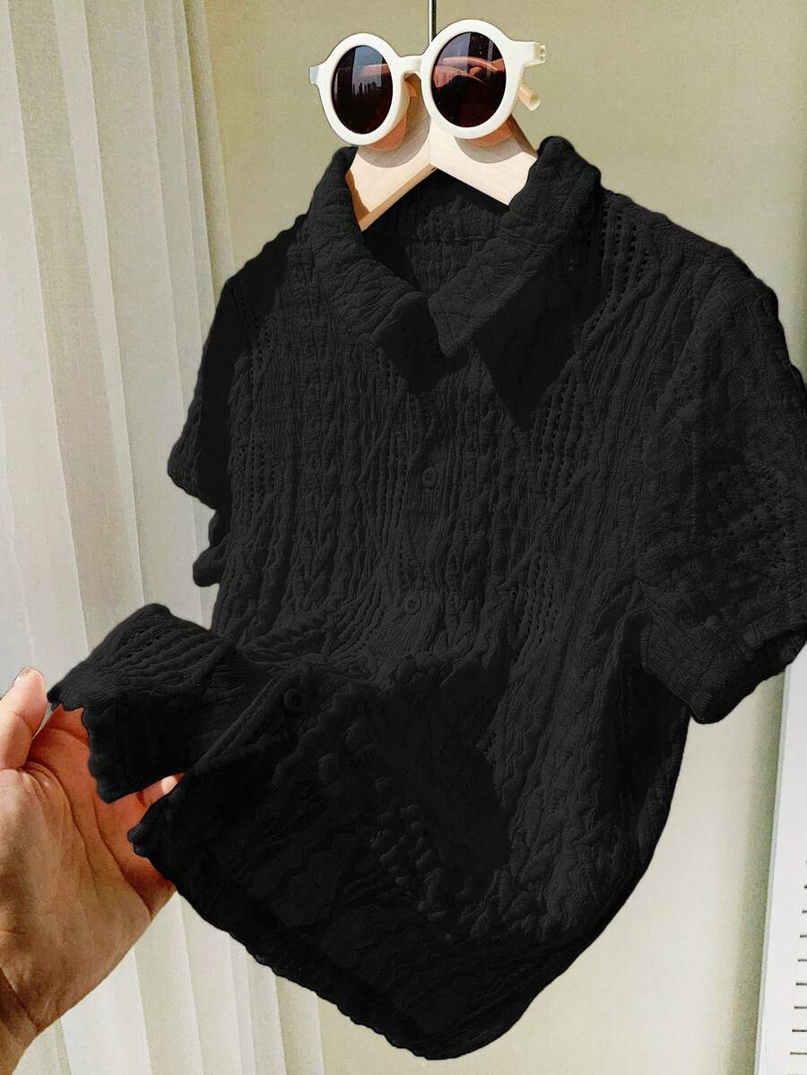 SHEIN Leap Crew 1pc Young Boys Loose Casual Turndown Collar Jacquard Short Sleeve Shirt - Black - View 1