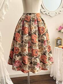 Vintamour 复古优雅女士花卉油画提花纹理半身裙，适合节日派对、婚礼宾客等场合，棕色，夏季假期、春季女士春假、情人节等场合穿着。 - 杏色 - 查看 5