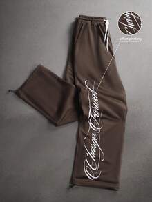 STYNVO Men's Letter Print Drawstring Waist Pocket Casual Everyday Sweatpants - Brown - View 1