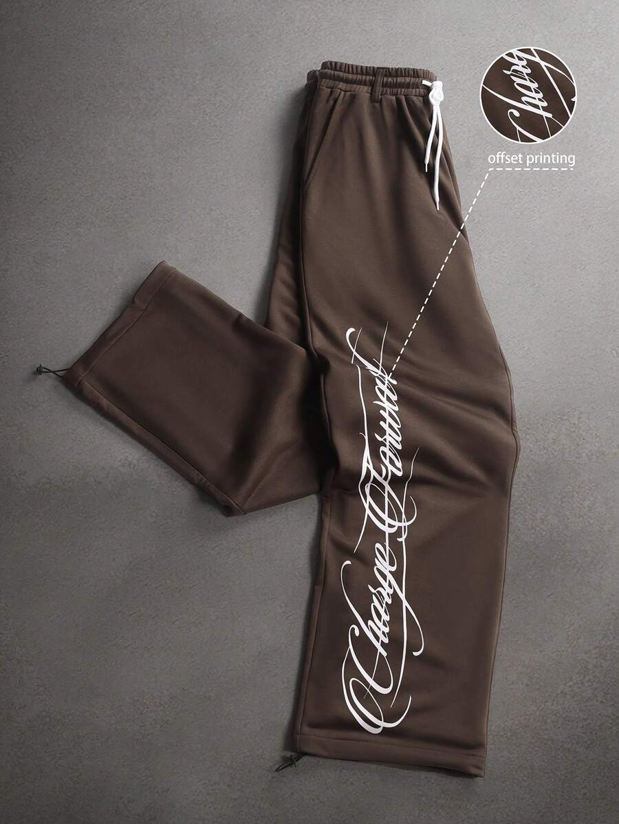 STYNVO Men's Letter Print Drawstring Waist Pocket Casual Everyday Sweatpants - Brown - View 1