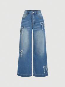 SHEIN MOD 女士口袋纽扣贴片休闲百搭日常穿着阔腿牛仔裤 - 藍色 - 查看 3