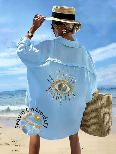 Vaclyn Women's Loose Fit Sequin Embellished Midi Dress, Versatile Long Sleeve