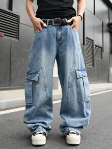 Manfinity EMRG Men's Casual Street Style Multi-Pocket Distressed Flared Leg Blue Jeans - Light Wash - View 1