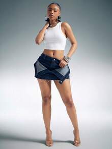 Denimoi Minifalda de mezclilla con dobladillo crudo y solapa delantera, atuendos de moda para conciertos, faldas sexys - Azul lavado oscuro - Ver 4