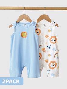SHEIN Playful Pals 男婴休闲舒适卡通狮子印花连体衣，夏季 - 彩色 - 查看 1