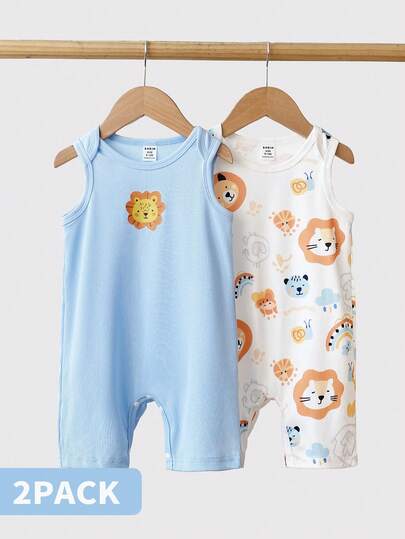 SHEIN Playful Pals 男婴休闲舒适卡通狮子印花连体衣，夏季