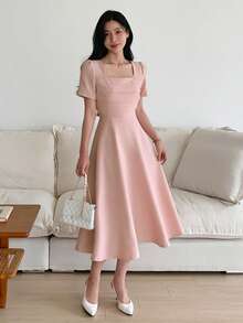 DAZY Women's Square Neck Waist Cinched Mesh Patchwork Mid-Length Dress - Pink - View 8