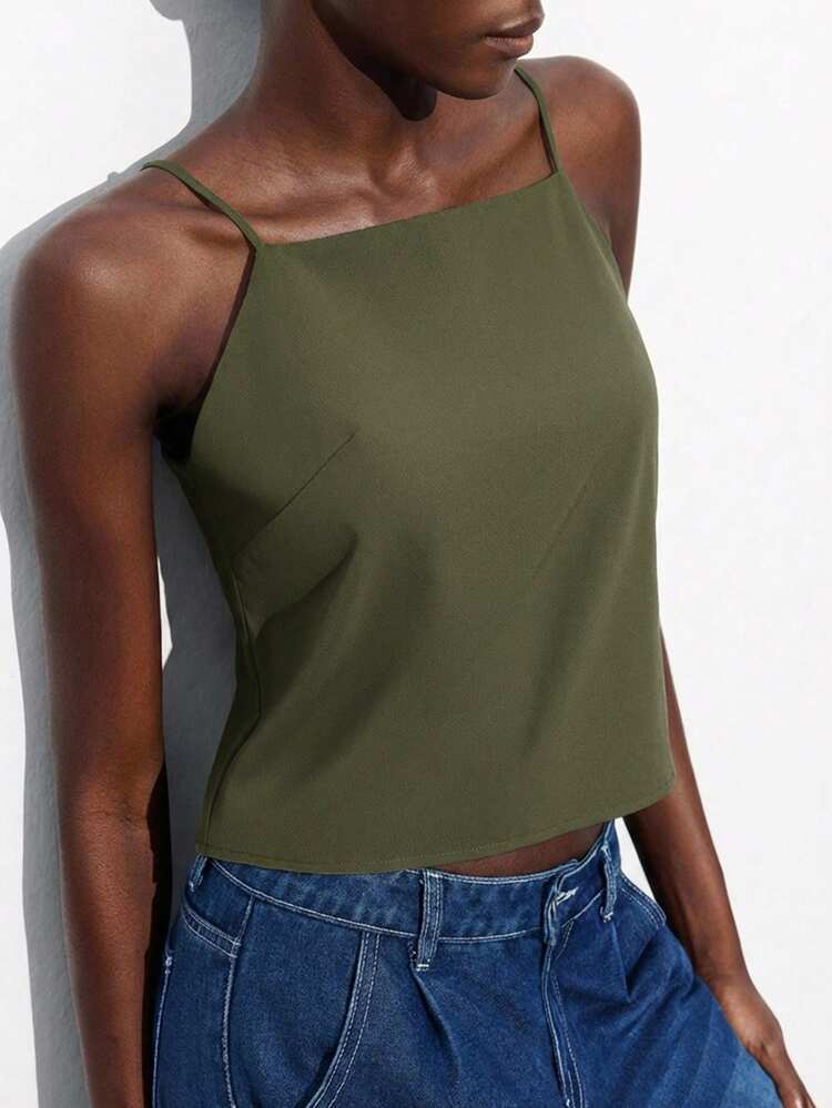 Maija Blusa Nova de Verão com Alças Finas Ajustáveis, Laço Nas Costas, Design em Verde Floresta, Versátil para Y2K, Escritório, Eventos Sociais, Páscoa - Verde Militar - Visão 2