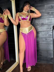 Fantasy Costume Plus Size Vintage Sleeveless V Neck Backless Long Textured Pattern PU Costume Multicolor - Multicolor - View 5