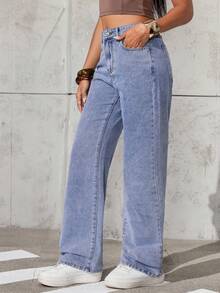 Jeanoix 女式休闲直筒宽松牛仔裤 - 中等水洗藍 - 查看 4