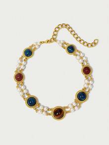 Glisma 18K Gold-Plated 1pc Flower Necklace With Pearl/Mother Of Pearl, Textured, Metallic Accents, Suitable For Party, Casual, Concert/Festival, Night Club, Wedding, Holiday, Vacation, Camping - For Women/Girls, Fall/Autumn/Winter, Festival, Holiday, Vacation, Old Money, Halloween - Gold - View 2