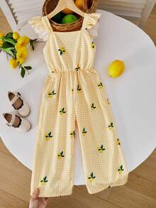 Young Girl' Lemon Plaid Print Romper With Flutter Sleeves, Cute Casual Outfit For Summer Outings And Vacation - Yellow - View 5