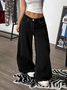 Muchica Women's Black Jeans, Low-Rise Wide-Leg Pants, Angel Wing Pattern On The Back, Y2K Style, Music Festival Outfit, Summer Pants. - Black - View 2