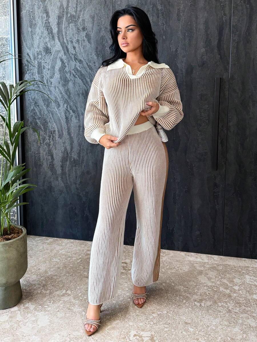 Vassilux 2pcs/Set Women Polo Collar Patchwork Contrast Color Pullover Sweater Top + Long Pants Suit, Autumn/Winter - Mocha Brown - View 1