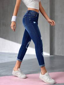 SHEIN Tall 女士纽扣前袋做旧修身休闲牛仔裤 - 藍色 - 查看 4