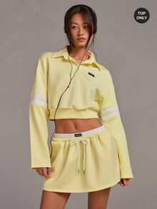 Athîral Áo sweatshirt nữ tay dài cổ bẻ dáng ngắn màu vàng, kiểu dáng thường ngày. - Vàng nhạt - Xem 1