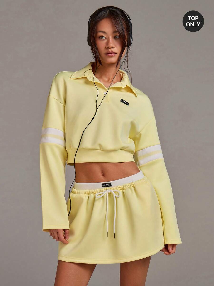 Athîral Áo sweatshirt nữ tay dài cổ bẻ dáng ngắn màu vàng, kiểu dáng thường ngày. - Vàng nhạt - Xem 1
