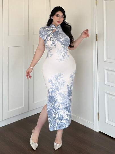 Vibekara Elegant Sexy Chinese Style Floral Print Cheongsam, Color Block Puff Sleeve Bodycon High Stretch Pleated Slit Maxi Dress, Plus Size