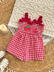 SHEIN LMoss Kids 女婴可爱休闲红白格子草莓图案蝴蝶结装饰连体衣 - 彩色 - 查看 8