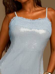 Athîral 女士休闲度假吊带无袖露肩浅蓝色亮片撞色蕾丝连衣裙 - 淺藍色 - 查看 6