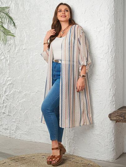 EMERY ROSE Plus Size Women Casual Striped Open Front Long Cardigan\Summer\Vacation