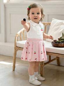 Souflis Souflis 2pcs/Set Baby Girl Spring&Summer Casual Style Bowknot-Shape Embroidery Sleeveless Top&Short Pleated Skirt - Multicolor - View 3