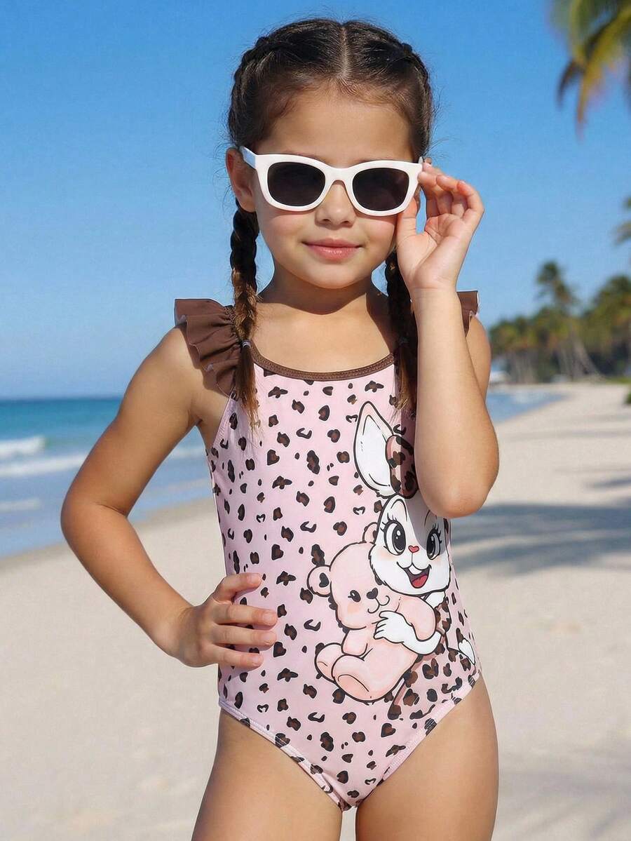 SHEIN Young Girls Round Neck Ruffle Trim Cartoon Rabbit Print One-Piece Swimsuit, Summer - Multicolor - View 1