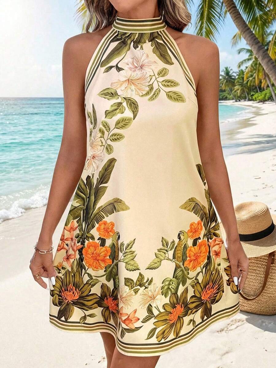 SHEIN Clasi 女士热带印花不对称领迷你连衣裙，夏季女装，适合度假、下午茶、婚礼季、海滩游轮度假、城市公路旅行、波西米亚风度假、音乐节、沙滩装、复活节、女士海滩装、优雅女装、度假女装、音乐会女装、热带度假女装