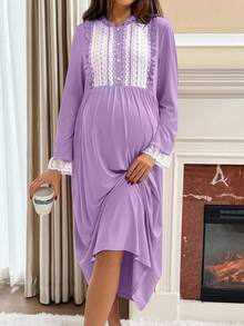 SHEIN Maternity Stand Collar Lace Ruffle Casual Everyday Party Dress - Mauve Purple - View 7