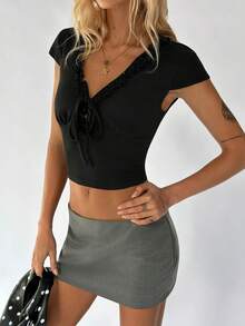 TRNVIE Women's Elegant Sexy Ruffle Tie Front T-Shirt, Suitable For Various Occasions, Layering And Outdoor Wear Lace Up Top - Black - View 3