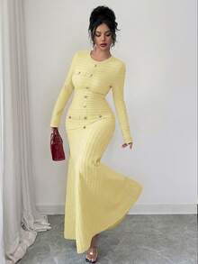 Modelyn Elegant Long Burgundy Oval Collar Dress For Women, Suitable For Outings In Winter - Yellow - View 4