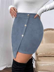 Vionelle Damen Große Größen einfarbiger Knopfdesign asymmetrischer Saum Bodycon Rock, hellblauer Rock für Damen, babyblaue Röcke - Babyblau - Übersicht 4