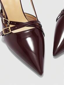 CUCCOO BIZCHIC 女士尖头细高跟酒红色交叉绑带时尚简约百搭日常通勤购物高跟鞋后跟绑带露跟鞋 - 深酒紅色 - 查看 8